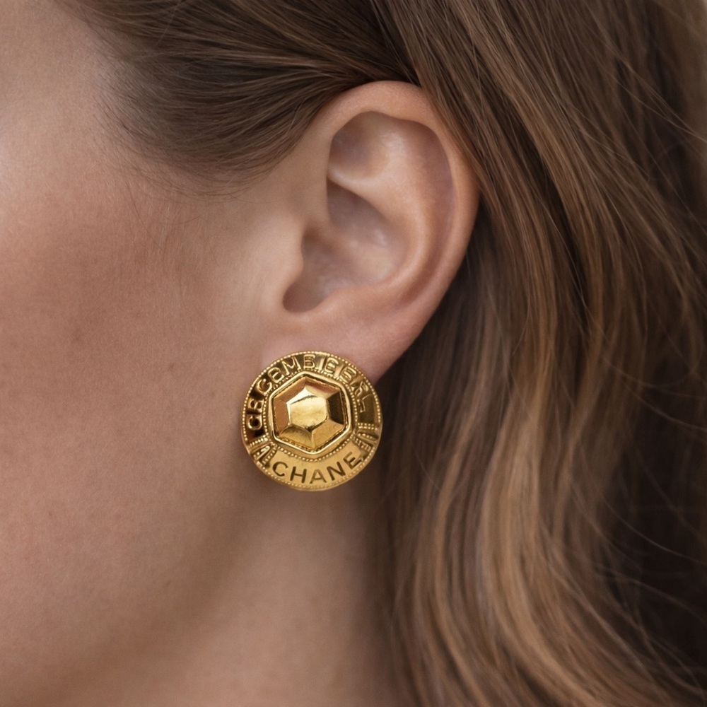 CHANEL Hexagonal Gold Clip Earrings